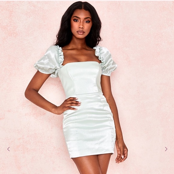 HOUSE OF CB LELYA pistachio puff sleeve dress mini shimmer L + - Picture 1 of 7